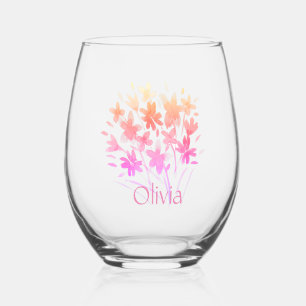 Pretty Sweet Watercolor  Flower Design Stemless Wine Glass