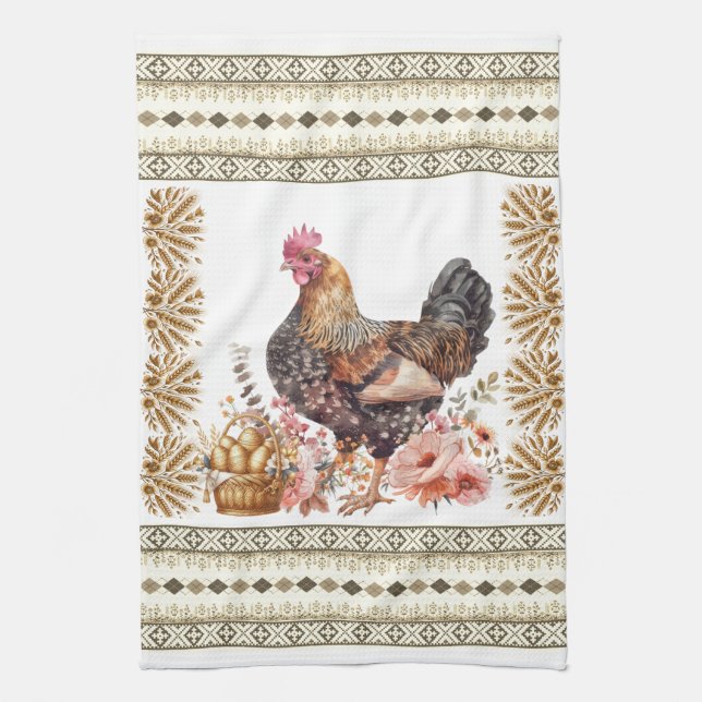 Pretty Tan Gold Brown Chicken Hen Slavic Pattern  Kitchen Towel (Vertical)