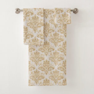 Pretty Taupe Grey Brown Damask 3 Piece Bath Towel Set