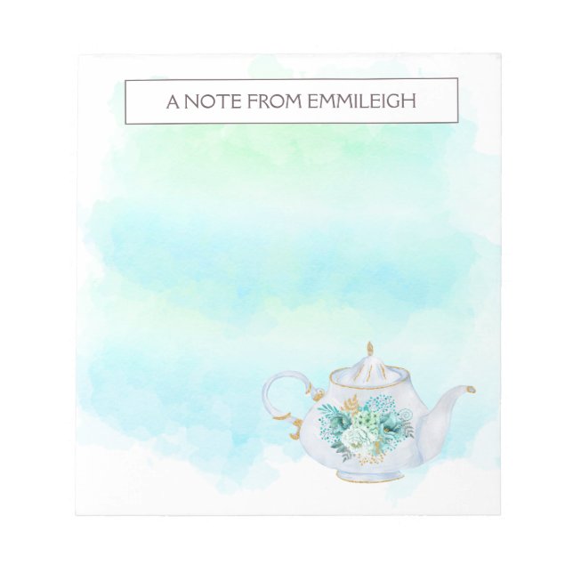 Pretty Tea Pot Mint Green Gold Flowers Notepad (Front)