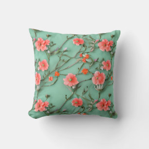 Pretty Teal and Coral Flower Throw Pillow