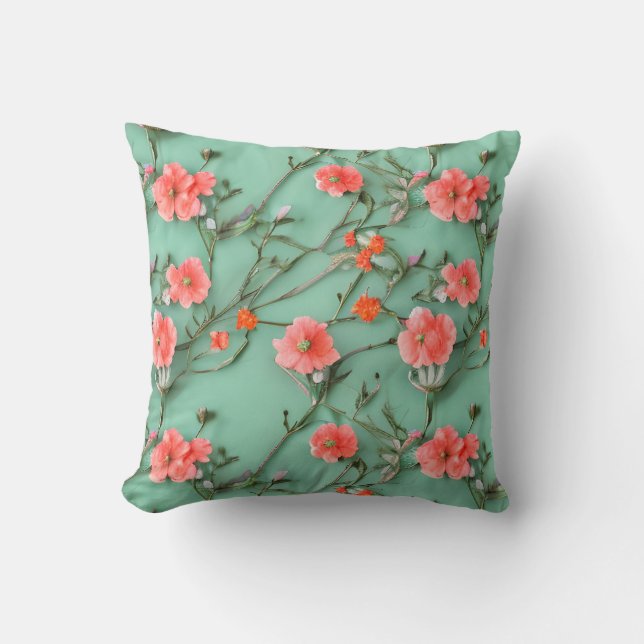 Pretty Teal and Coral Flower  Throw Pillow (Front)