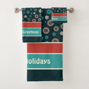 Pretty Teal Aqua Red White Scandinavian Snowflakes Bath Towel Set