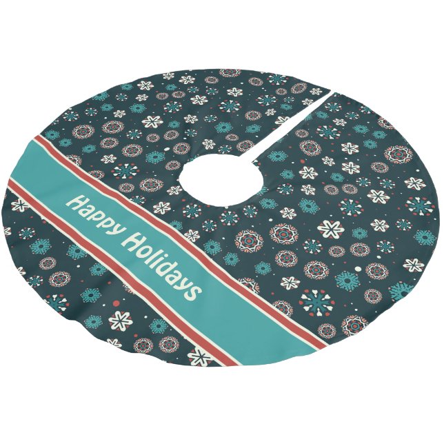 Pretty Teal Aqua Red White Scandinavian Snowflakes Brushed Polyester Tree Skirt (Angled)
