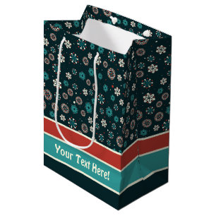 Pretty Teal Aqua Red White Scandinavian Snowflakes Medium Gift Bag