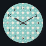 Pretty Teal Aqua Turquoise Blue Circles Discs Large Clock<br><div class="desc">Pretty Teal Aqua Turquoise Blue Circles Discs Textured Buttons Pattern. "blue" "circles" "discs" "textured buttons" "girly" "pretty" "aqua" "teal" "turquoise" "poker chips" "pattern" "pretty patterns" "fun" "pastel" "spring" "summer" "colour" "colourful" "geometric patterns"</div>