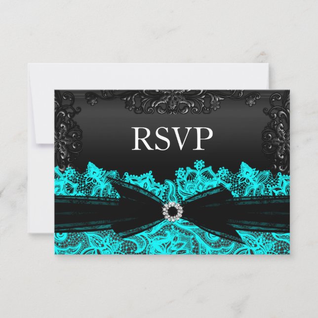 Pretty Teal & Black Lace RSVP Card (Front)