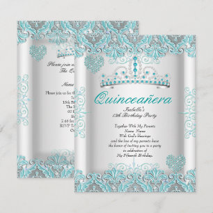 Pretty Teal Blue Quinceanera Party Tiara Hearts Invitation