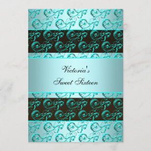 Pretty Teal Blue Swirls Sweet Sixteen Invitation