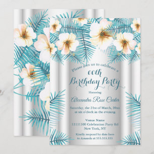 Pretty Teal Blue Tropical floral Birthday Party Invitation
