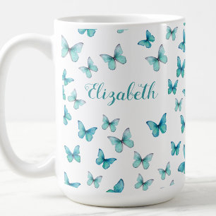 Pretty Teal Butterflies Custom Name Coffee Mug
