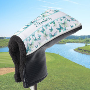 Pretty teal butterfly with custom name ladies golf head cover