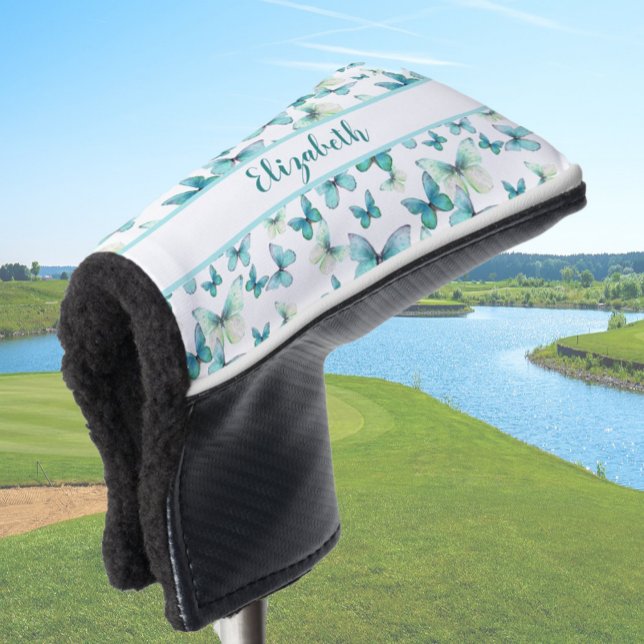Pretty teal butterfly with custom name ladies  golf head cover (Creator Uploaded)