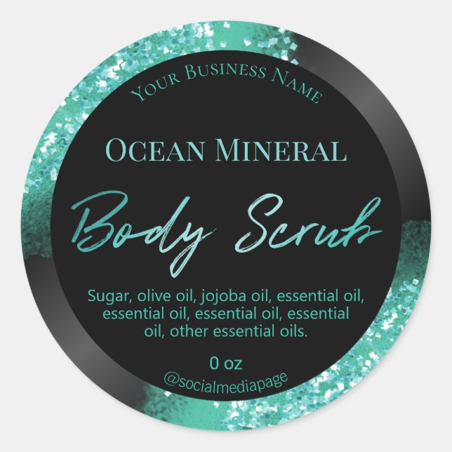 Pretty Teal Glitter Black Body Scrub Labels (Front)
