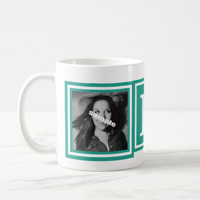 Pretty Teal Green 2 Photos with Large Monogram Coffee Mug (Left)