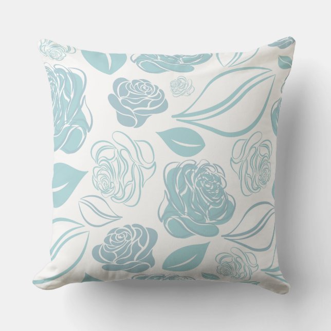 Pretty Teal Green and White Roses and Leaves   Throw Pillow (Front)