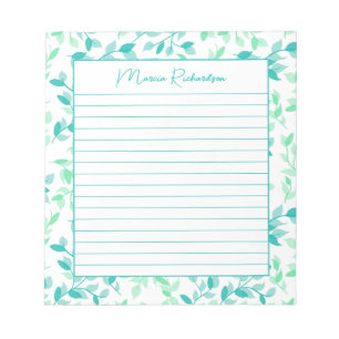 Pretty Teal Green Floral Modern Personalized Lined Notepad