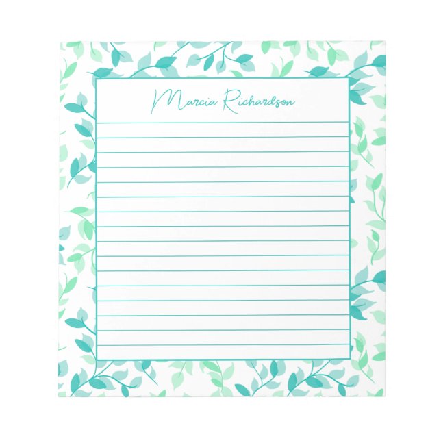Pretty Teal Green Floral Modern Personalized Lined Notepad (Front)