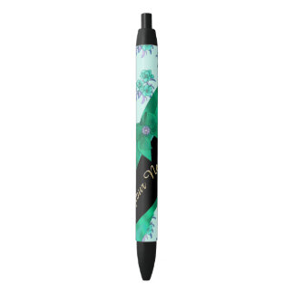 Pretty teal green vintage floral pattern black ink pen
