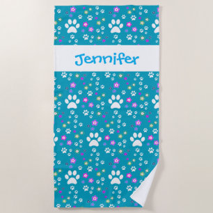 Pretty Teal Paw Print Personalized Dog Beach Towel