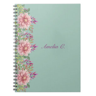 Pretty Teal & Pink Pastel Watercolor Floral Notebook