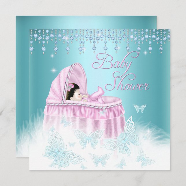 Pretty Teal Pink Sparkle Butterfly Baby Shower Invitation (Front/Back)