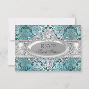 Pretty Teal & Silver Damask Sweet 16 RSVP Card