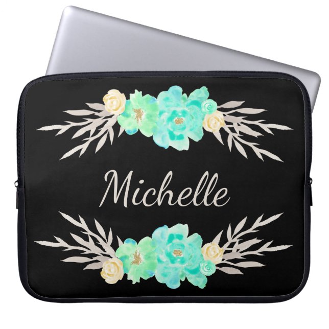 Pretty Teal & Silver Floral Monogrammed Laptop Sleeve (Front)
