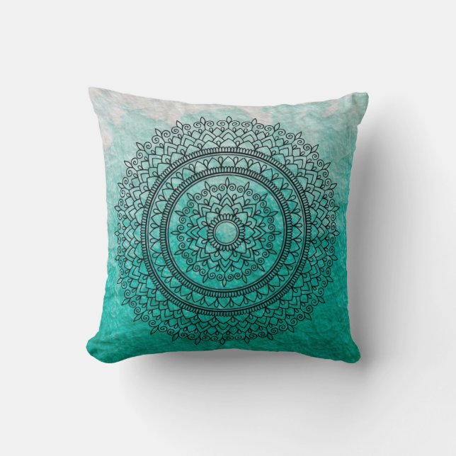 Pretty Teal Watercolor Bohemian Mandala Flower Art Throw Pillow (Front)