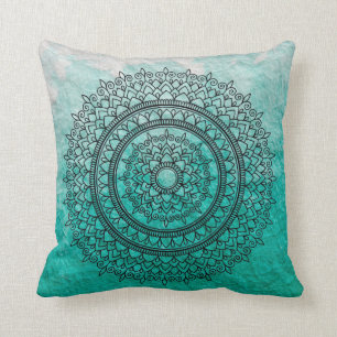 Pretty Teal Watercolor Bohemian Mandala Flower Art Throw Pillow