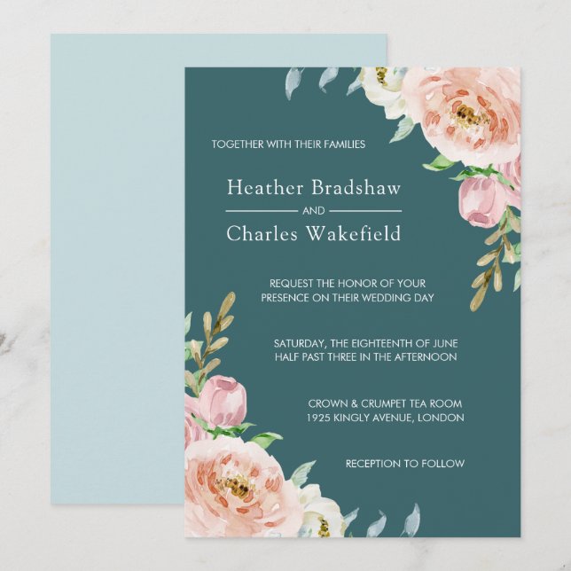 Pretty Teal Watercolor Floral Wedding Invitation (Front/Back)
