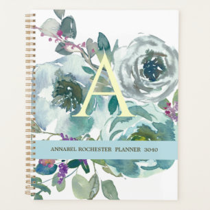 Pretty Teal watercolour roses personalised planner
