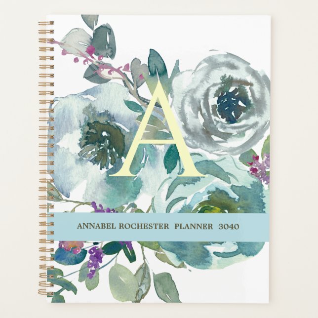 Pretty Teal watercolour roses personalised planner (Front)