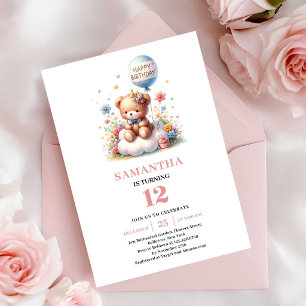 Pretty teddy bear balloon flowers girl birthday invitation