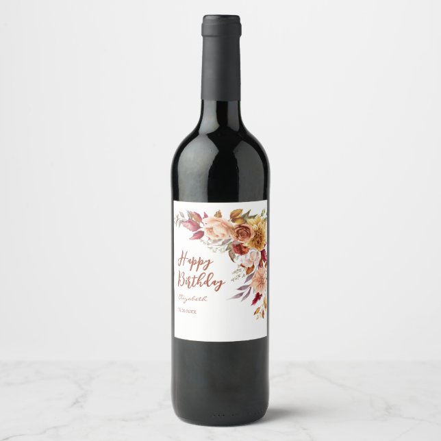 Pretty Terracotta Autumn Floral Botanical Birthday Wine Label (Front)