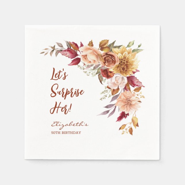 Pretty Terracotta Autumn Floral Surprise Birthday Napkin (Front)