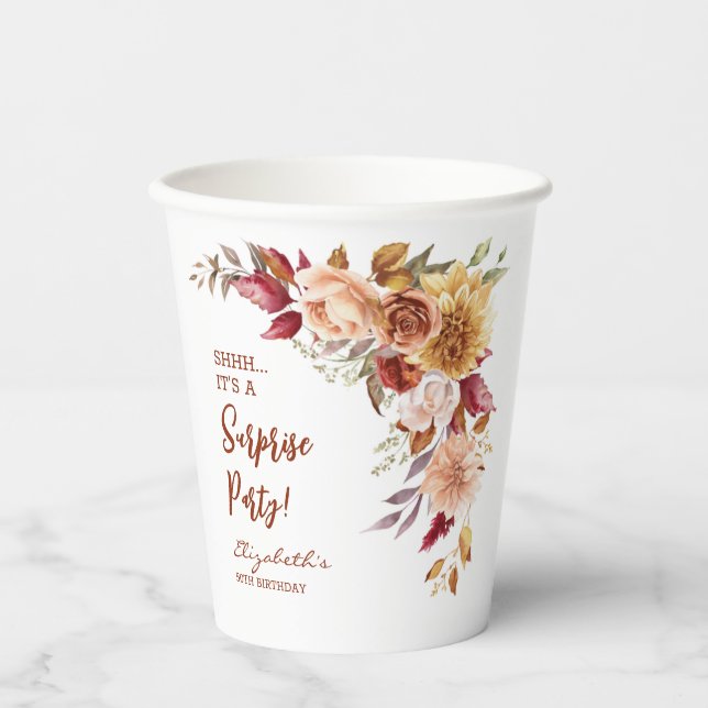 Pretty Terracotta Fall Floral Surprise Birthday Paper Cups (Front)
