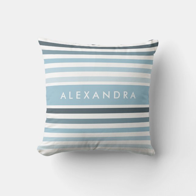 Pretty Thick Stripes Pattern and Name in Aqua Blue Throw Pillow (Front)