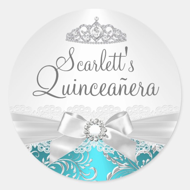 Pretty Tiara & Bow Teal Quinceanera Sticker (Front)