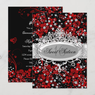 Pretty Tiara & Sparkle Flowers Red Sweet 16 Invitation
