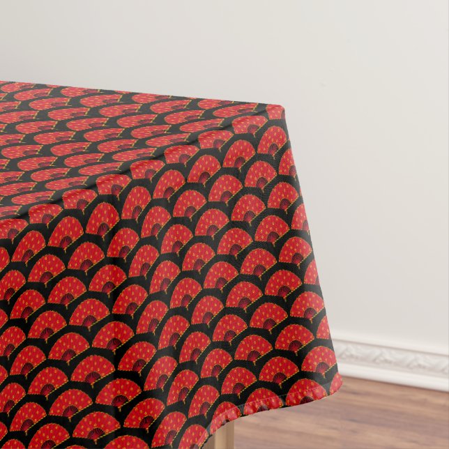 Pretty Traditional Red Chinese Dance Fans Pattern Tablecloth (In Situ)