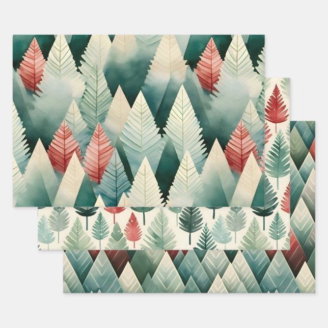 Pretty Trees Christmas Holiday Winter Coordinating Wrapping Paper Sheet (Set)