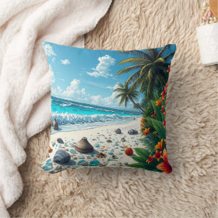 Pretty Tropical Beach Scene Coastal   Throw Pillow
