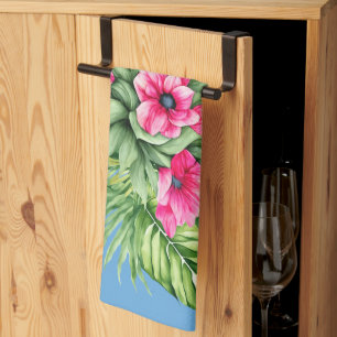 Pretty Tropical Florals on Blue Background Kitchen Towel