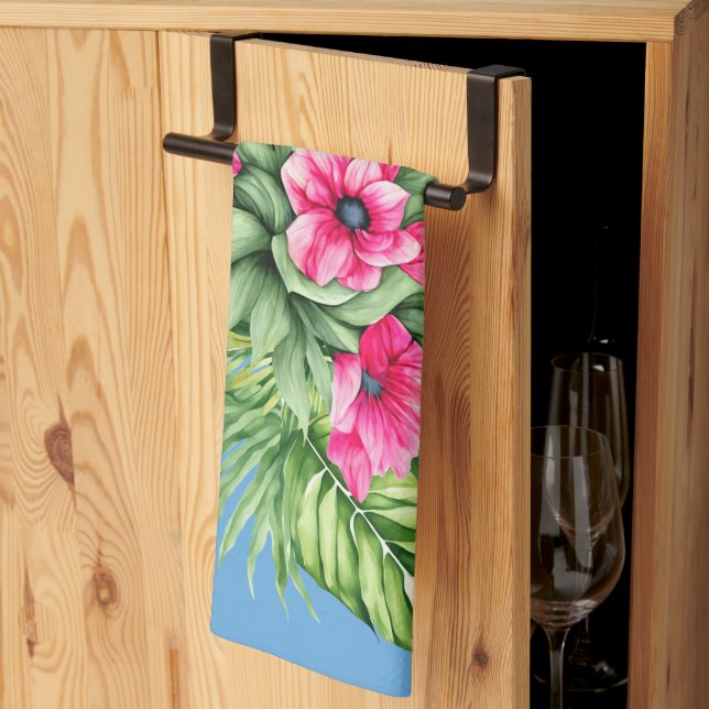 Pretty Tropical Florals on Blue Background Kitchen Towel (Thirds Fold)
