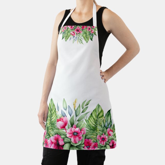 Pretty Tropical Florals White Background Apron (Insitu)