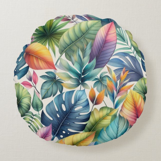 Pretty Tropical Leaves  Round Pillow (Front)