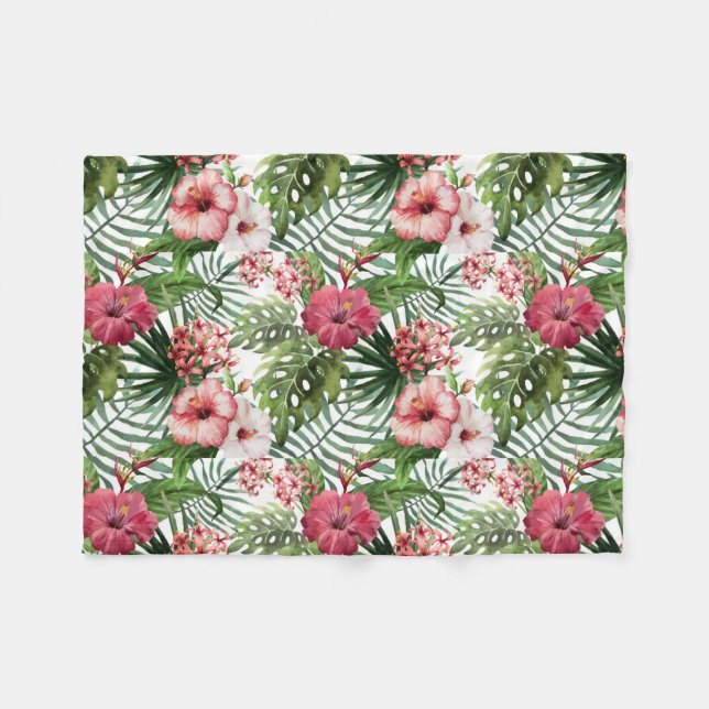 Pretty Tropical, Pink and Red Hibiscus Blanket (Front (Horizontal))