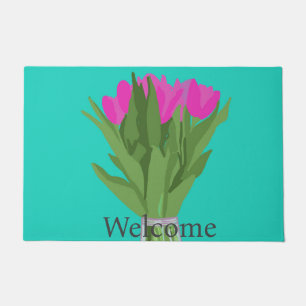 Pretty Tulip Flower Modern Illustration + Text Doormat