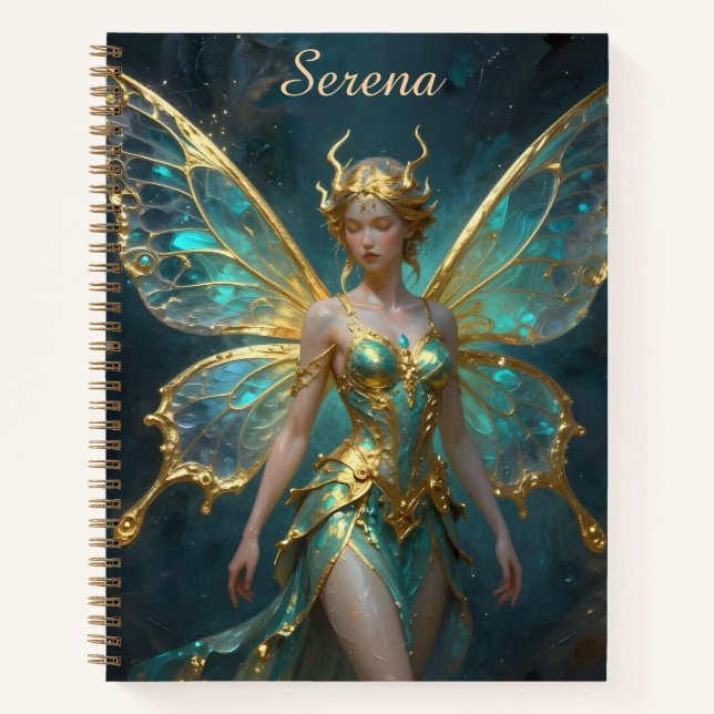 Pretty Turquoise and Gold Fairy Personalized Notebook (Front)
